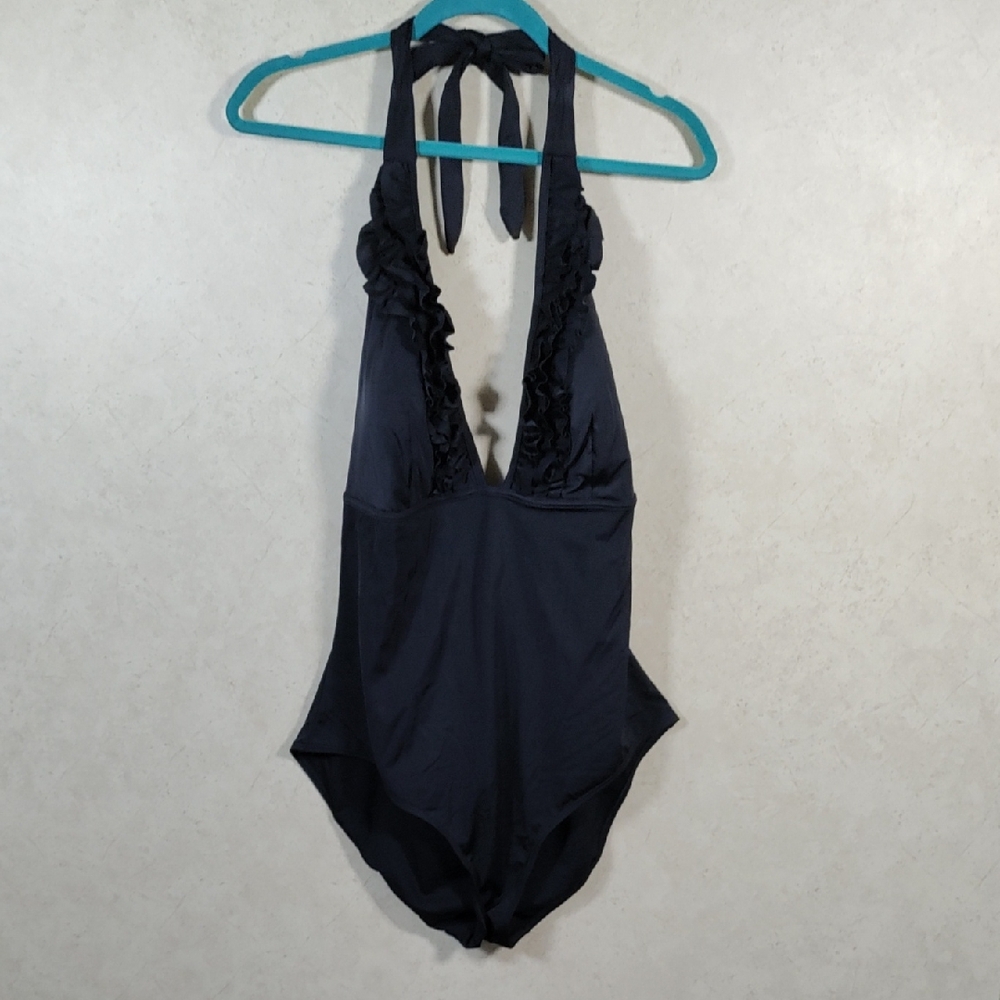 6079 Boden blue v-neck halter ruffle trim one piece swim suit 18/20